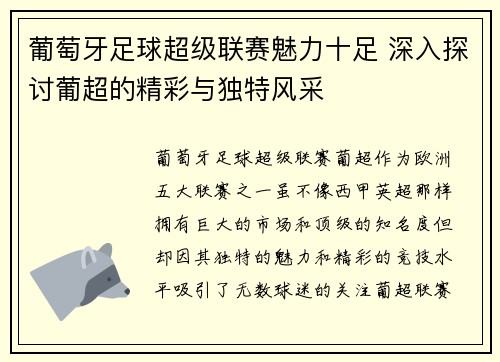 葡萄牙足球超级联赛魅力十足 深入探讨葡超的精彩与独特风采